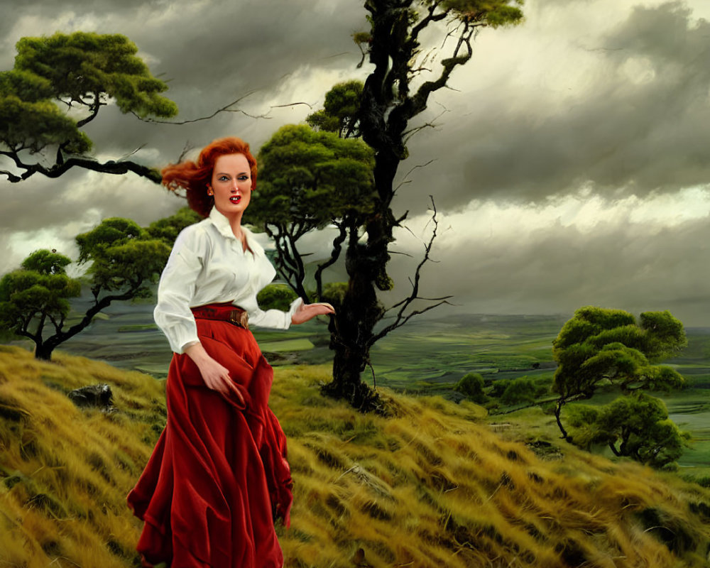 Woman in white blouse and red skirt in windswept field with scattered trees under stormy sky