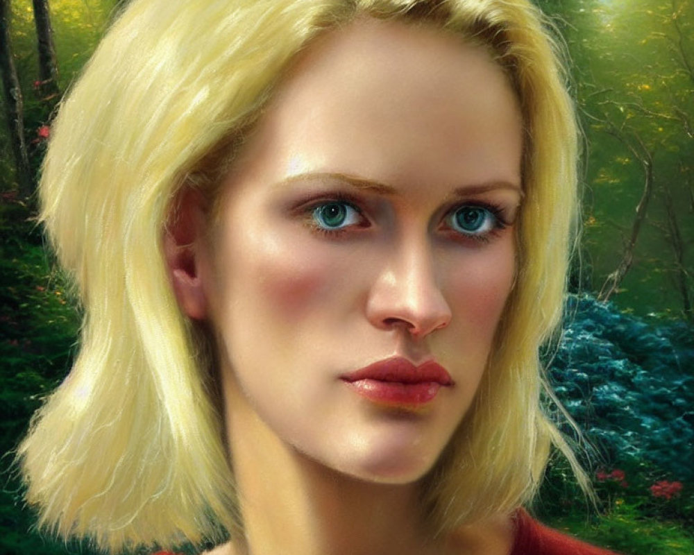 Realistic portrait of a blonde woman with blue eyes in nature setting