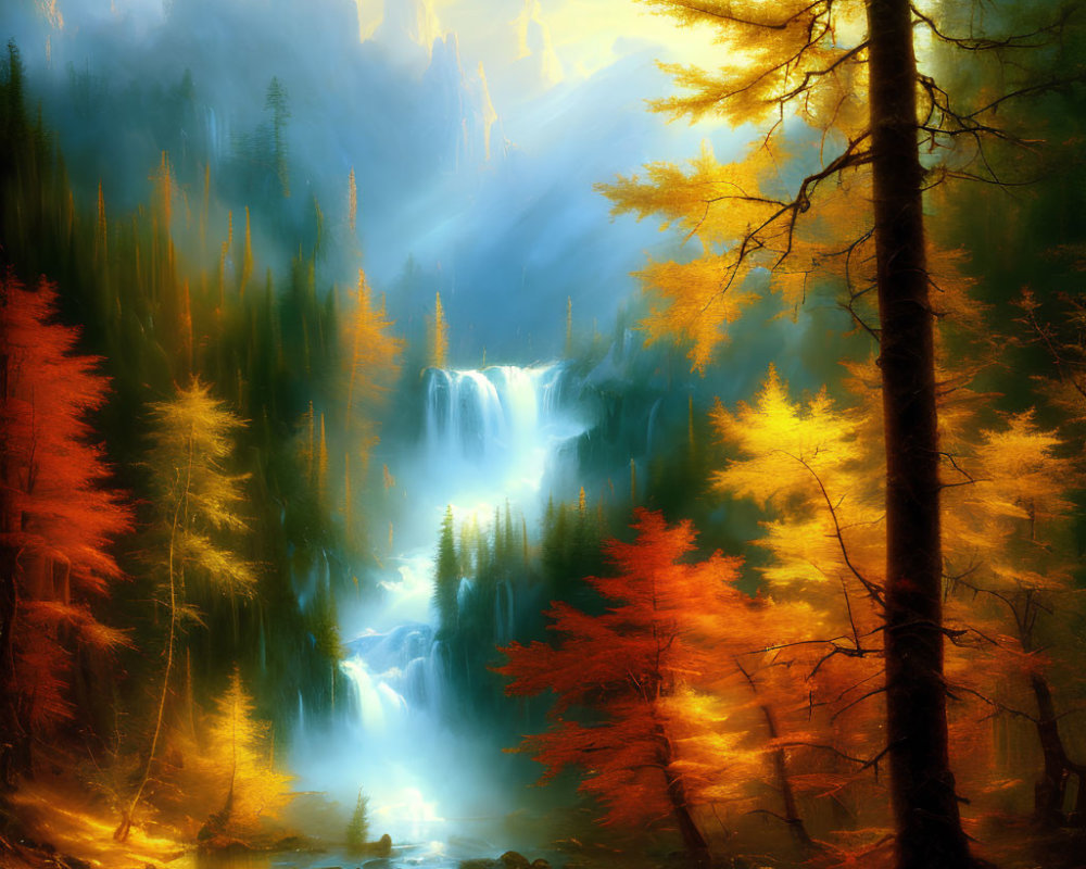 Ethereal autumn forest with golden foliage and waterfall scenery