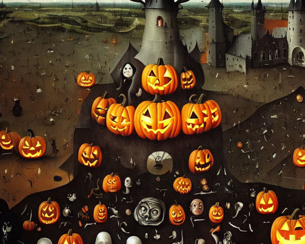 Spooky Halloween painting with pumpkin heads, bats, and eerie masks