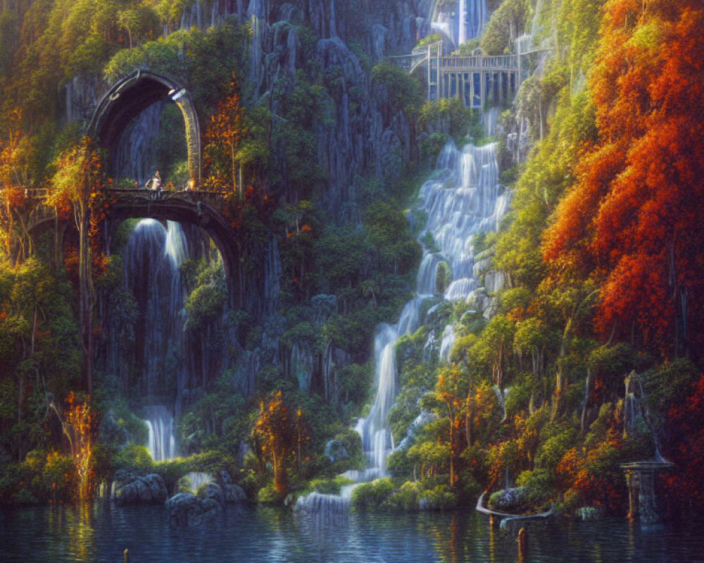 Tranquil lake with waterfalls, autumn trees, bridges, and ancient ruins