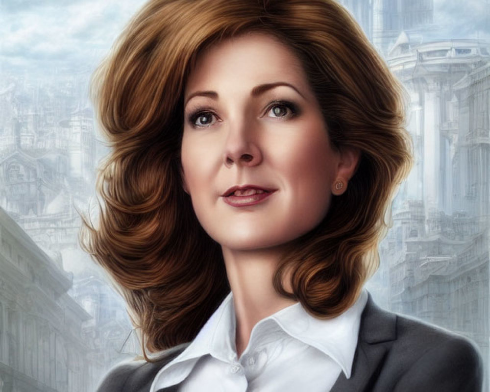 Smiling woman with brown hair in black blazer against cityscape