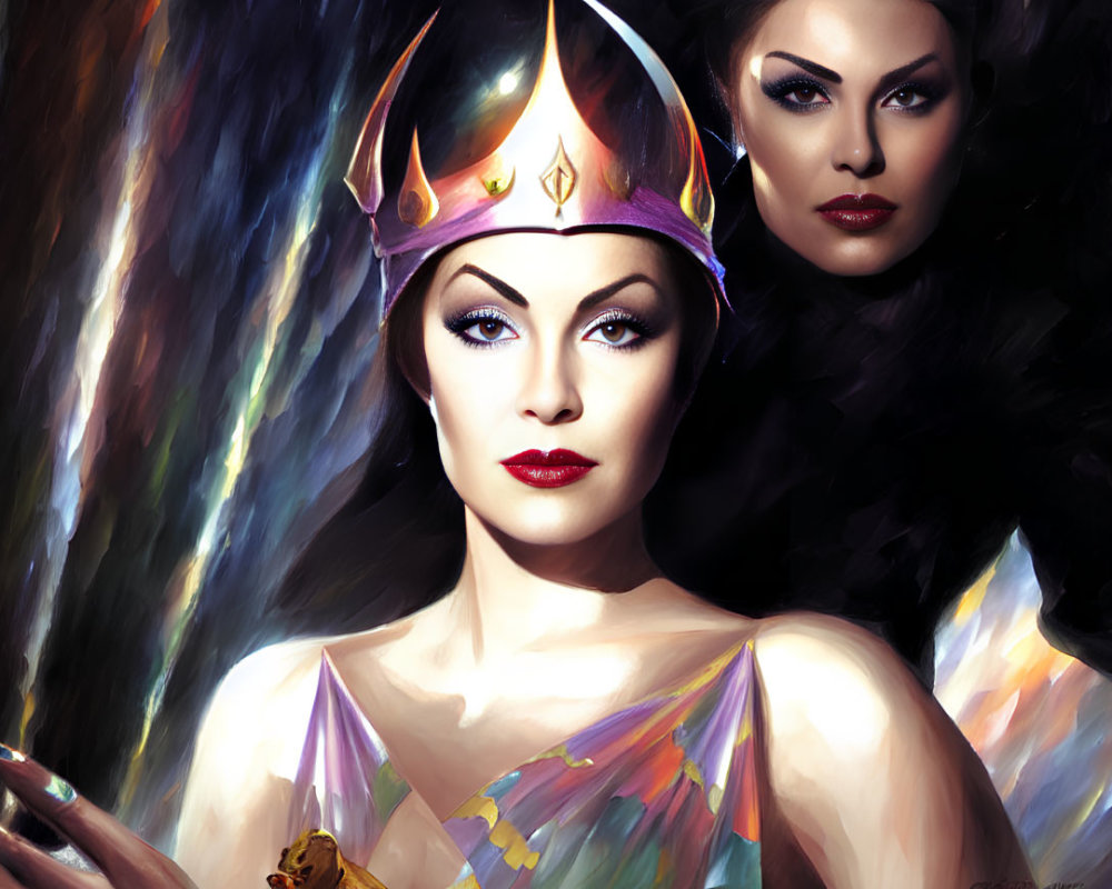 Illustration of two women: one in crown, regal attire; other with dark hair, mysterious