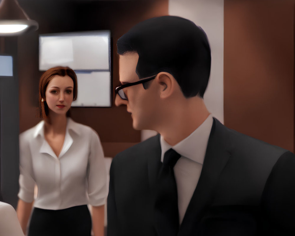 Digital illustration: Man in suit and glasses with woman in white blouse in background
