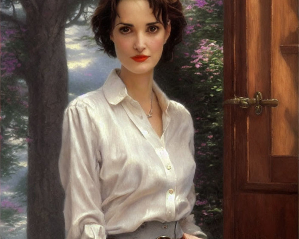 Woman with short dark hair in white shirt by wooden door with forest background