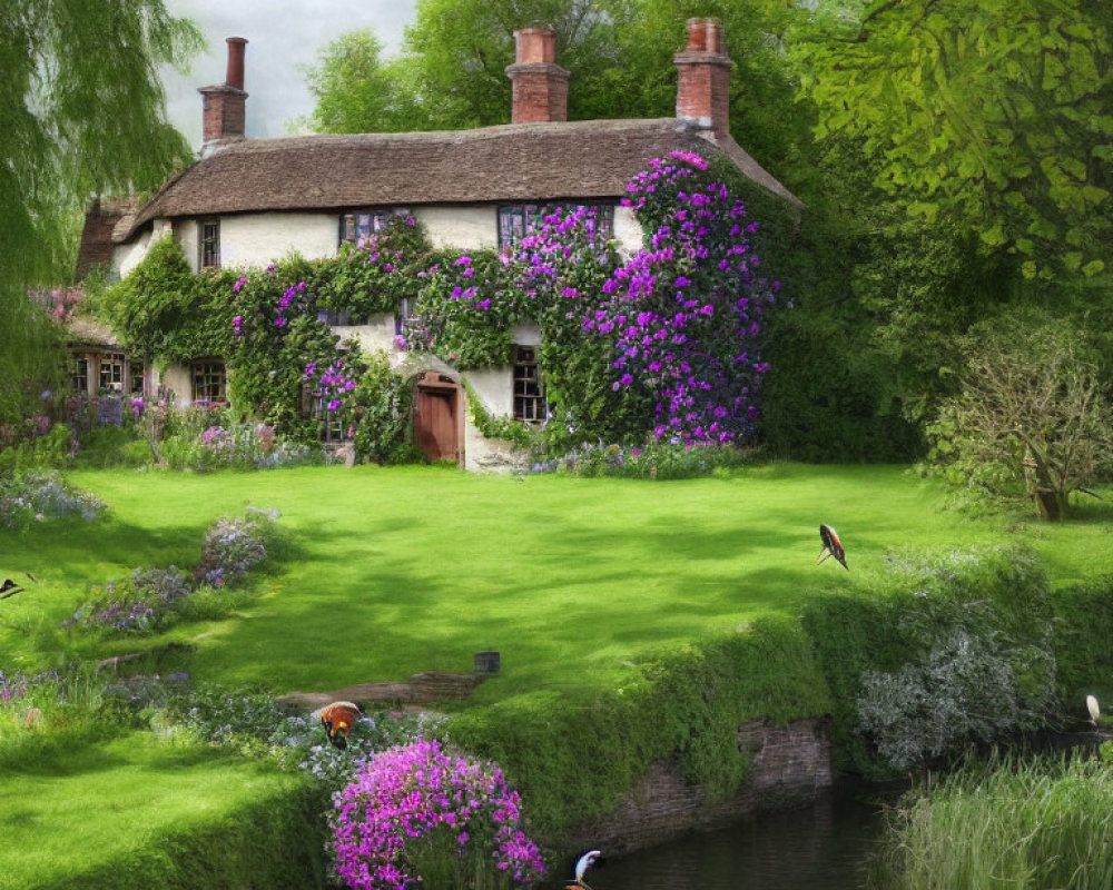 Charming thatched-roof cottage with pond and ducks surrounded by greenery