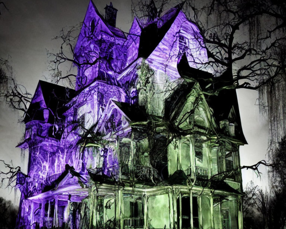 Eerie haunted mansion with purple and green lights
