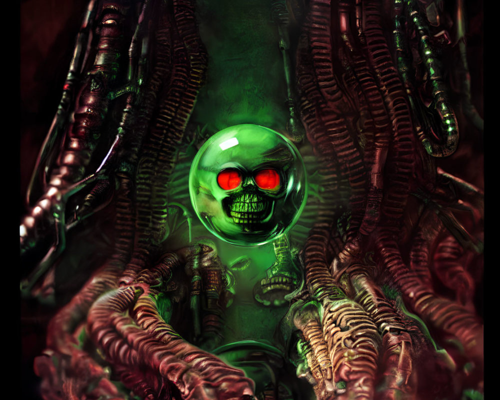 Digital artwork: Skull with glowing red eyes in mechanical tendrils on green-lit background