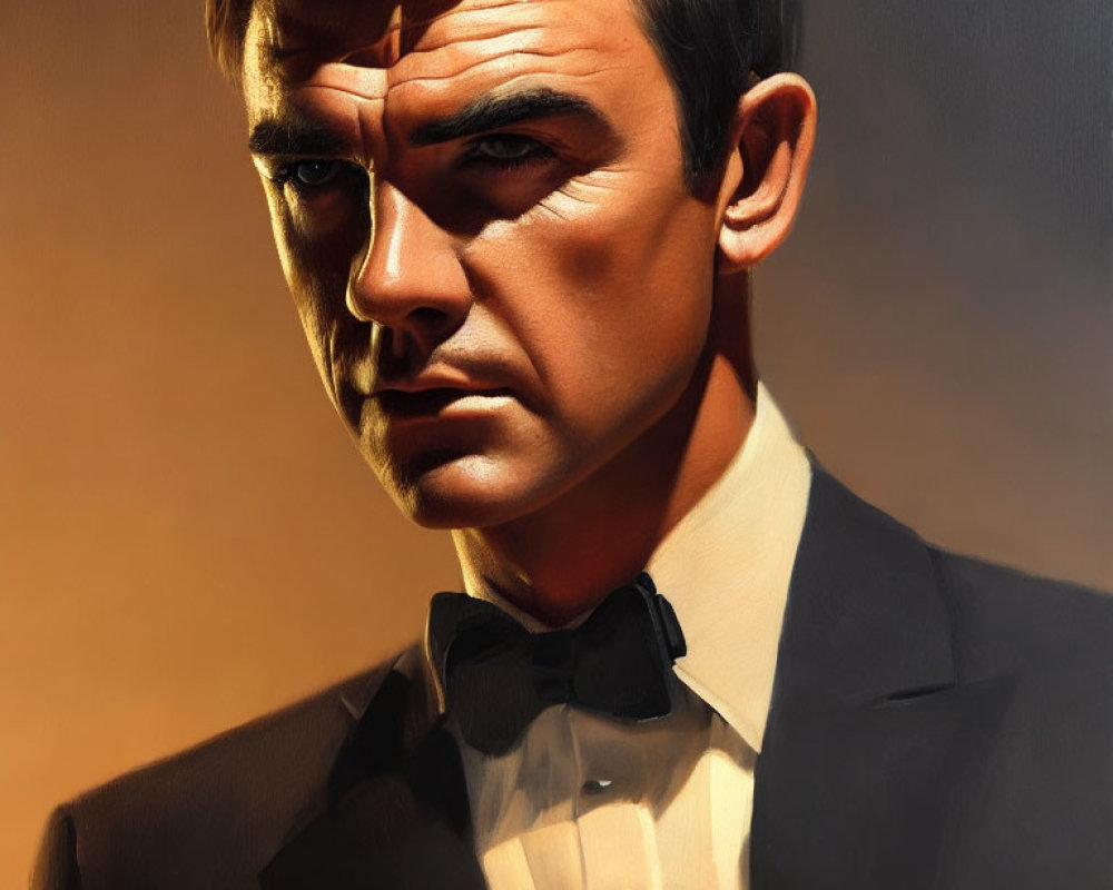 Portrait of stern man in black tuxedo with bow tie