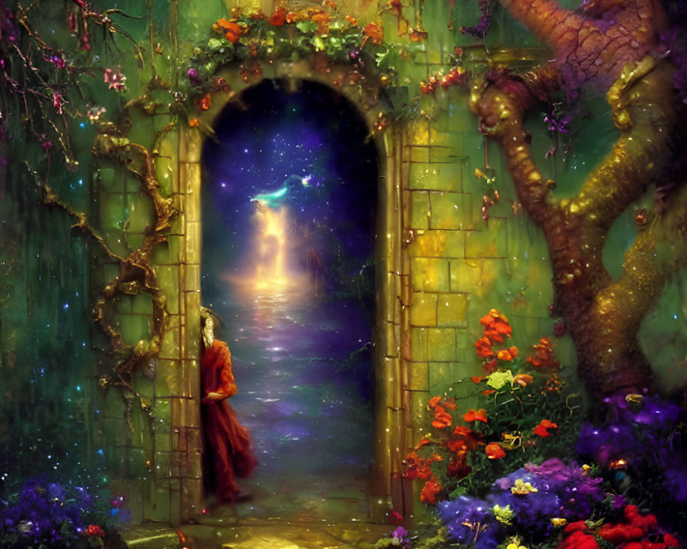 Woman in red cloak at mystical archway with flowers and ancient tree