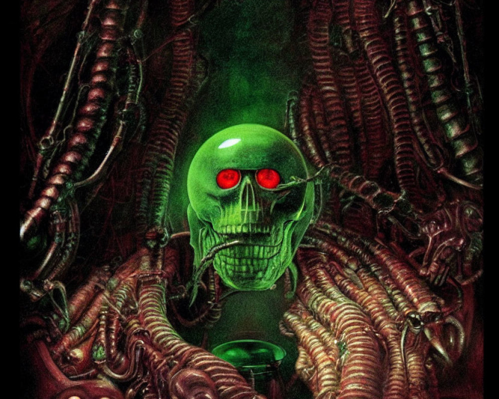 Glowing green skull with red eyes and mechanical tendrils in dark cybernetic setting