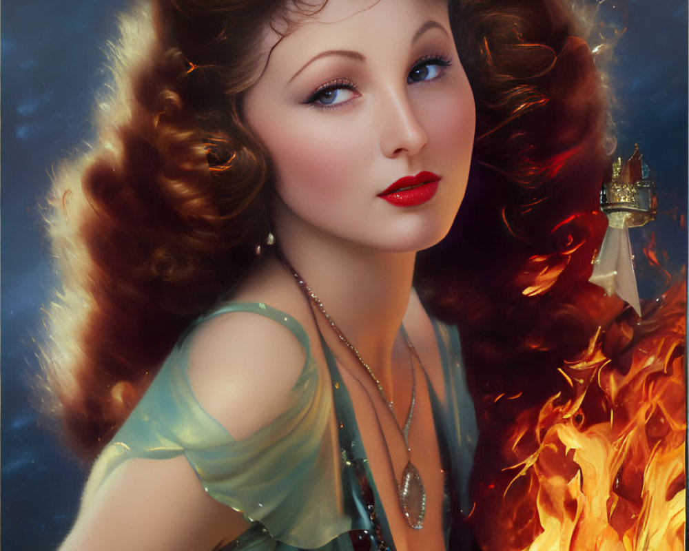Portrait of Woman with Red Wavy Hair in Green Dress with Fire Element