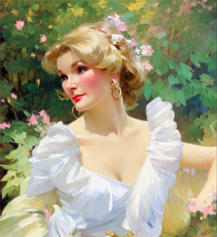 Blonde Woman Portrait in White Dress with Earrings and Flower on Floral Background