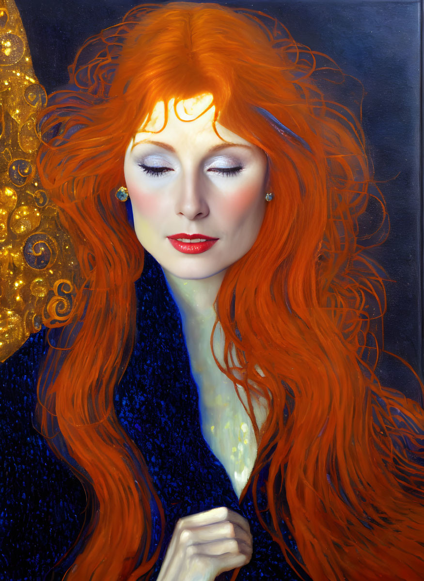Vibrant red-haired woman with closed eyes, golden background, and blue textured clothing