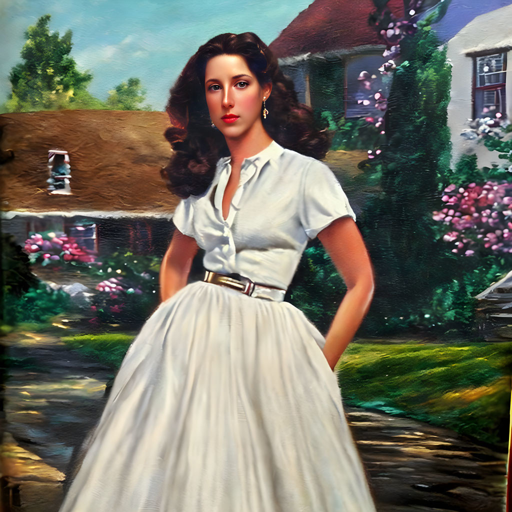 Dark-Haired Woman in White Dress Standing by Blooming Flowers House