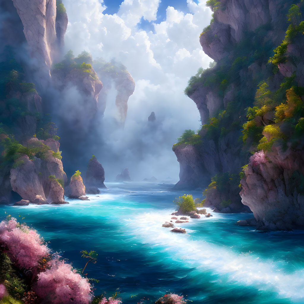 Tranquil river in mystical mountain landscape with lush greenery