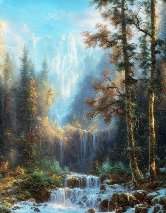 Tranquil forest landscape with cascading waterfalls and tall pine trees