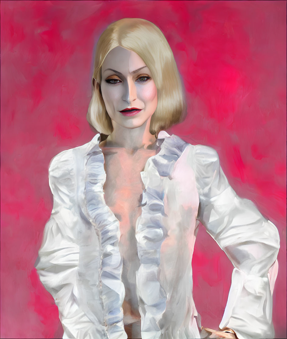 Digital artwork: Woman with pale skin, white blouse, short blonde bob on pinkish-red textured background