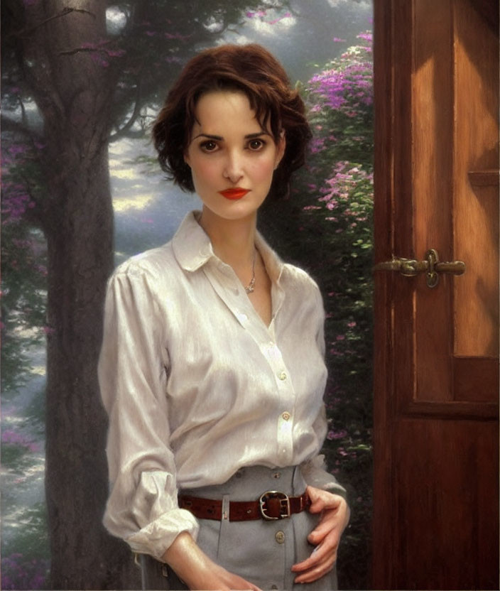 Woman with short dark hair in white shirt by wooden door with forest background