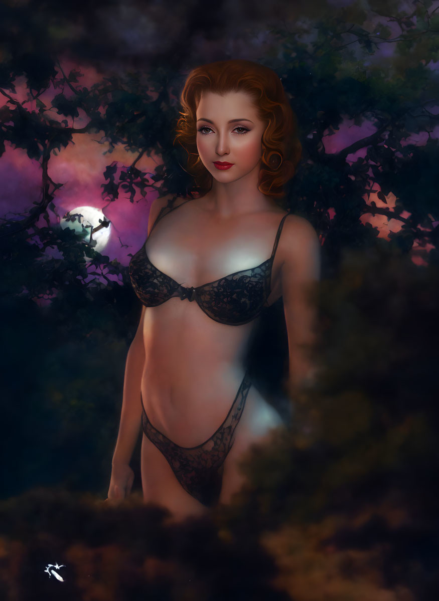 Digital art of woman in lingerie in moonlit mystical forest