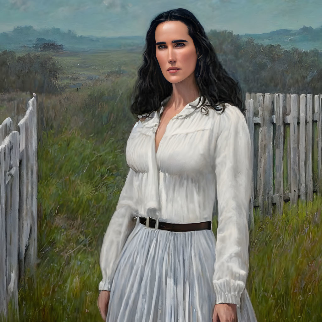 Dark-haired woman in white blouse and belt by rural fence