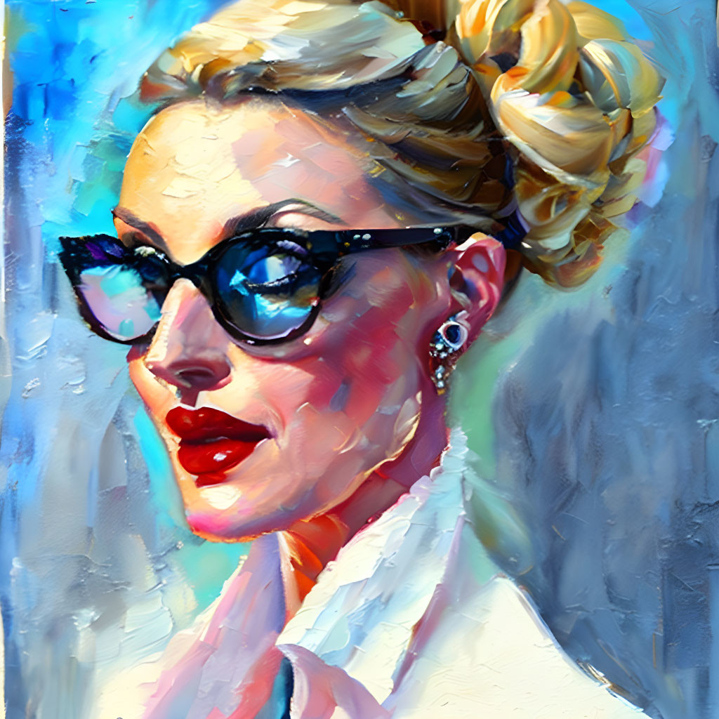 Vibrant impressionistic painting of woman with sunglasses and red lipstick