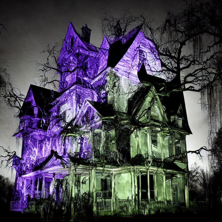 Eerie haunted mansion with purple and green lights