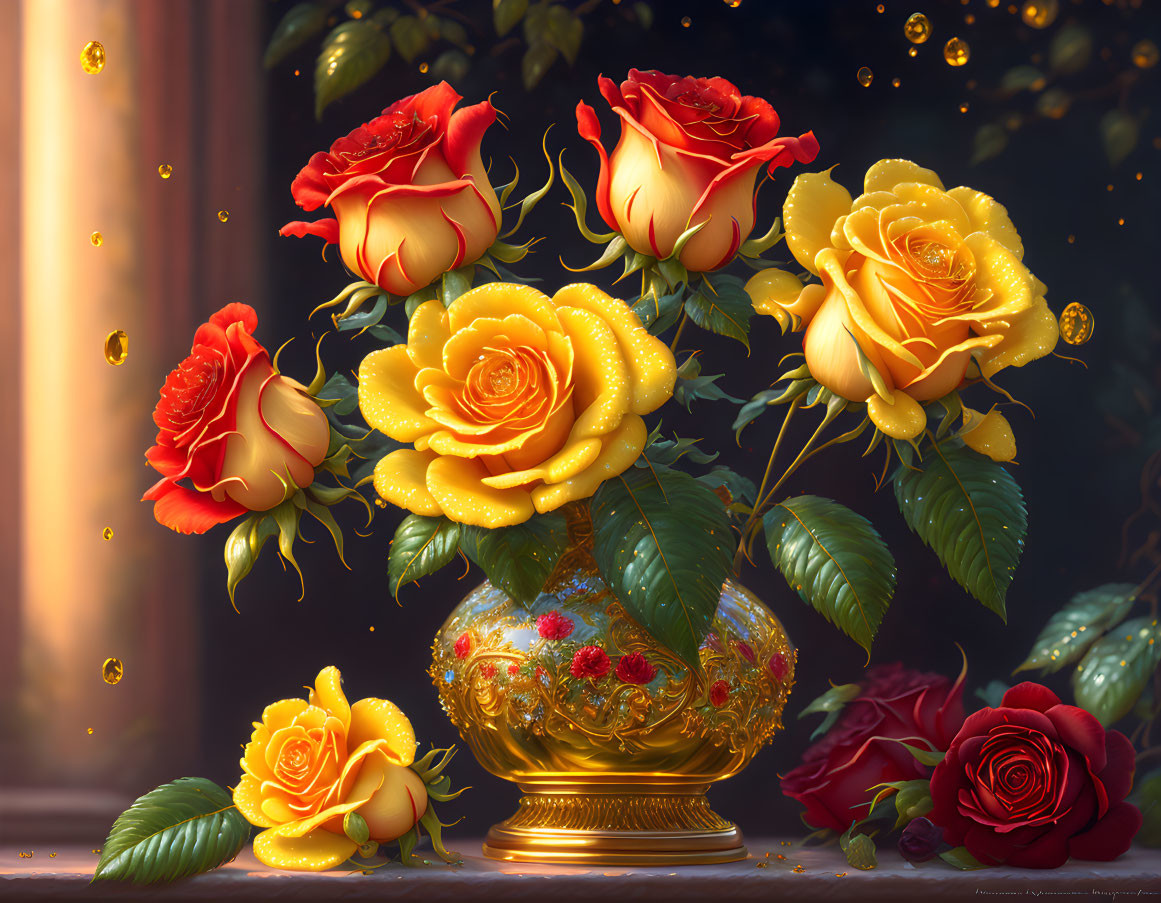 Colorful Roses in Golden Vase with Magical Ambiance