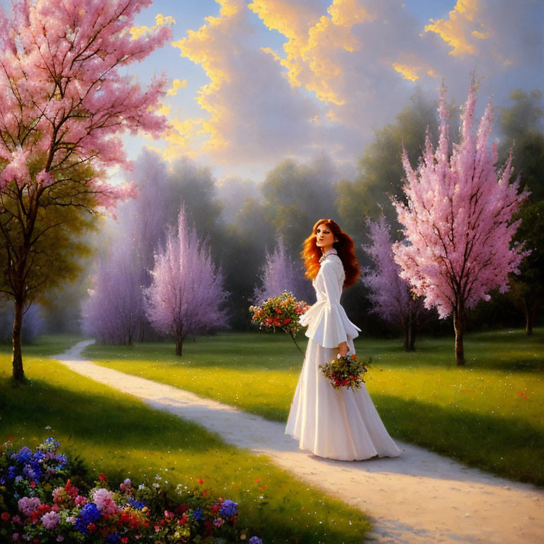 Woman in White Dress Walking Among Pink and Purple Blossoming Trees at Sunset