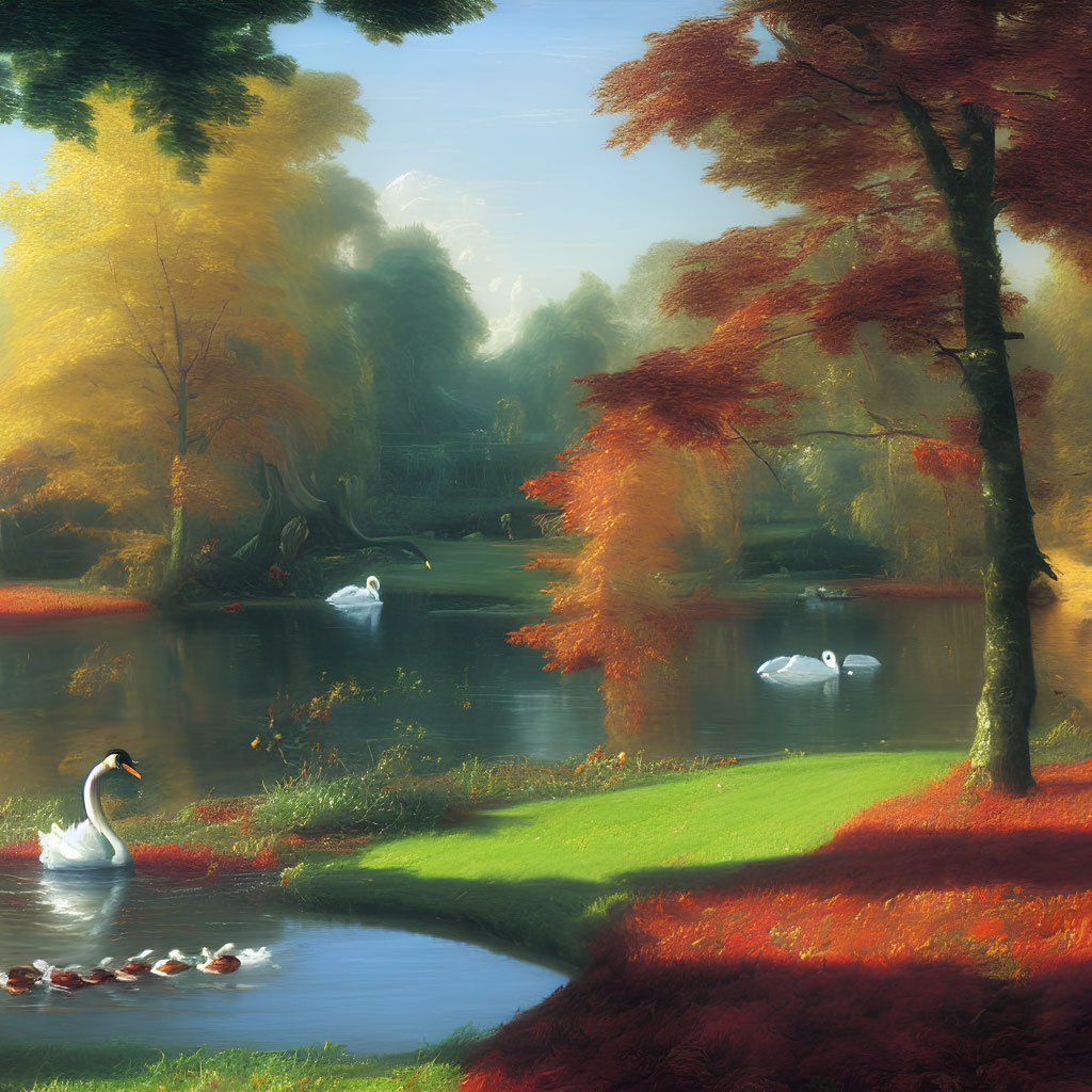 Tranquil autumn lake with swans, ducks, and colorful foliage