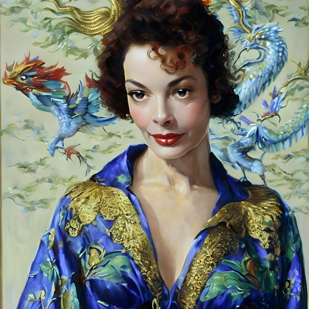 Person in Red Lipstick & Blue Robe with Colorful Birds & Intricate Patterns