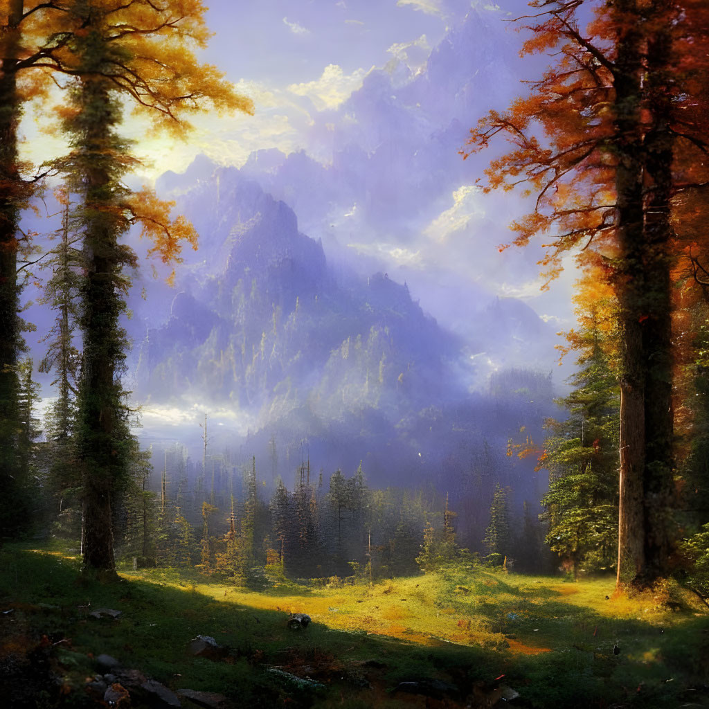 Sunlit Autumn Forest with Misty Mountain Backdrop