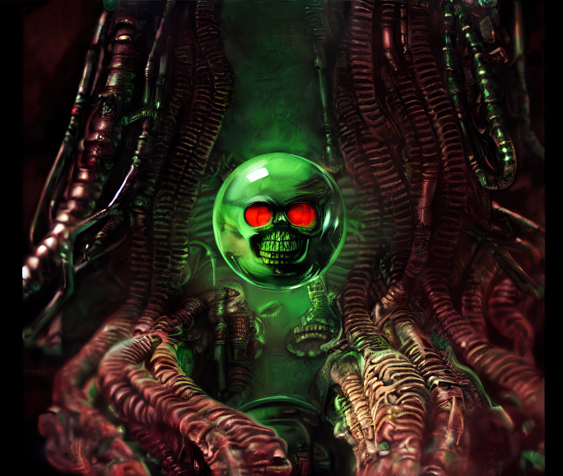 Digital artwork: Skull with glowing red eyes in mechanical tendrils on green-lit background