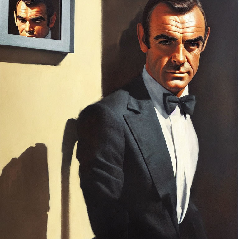 Confident man in tuxedo with bow tie glances over shoulder in framed reflection