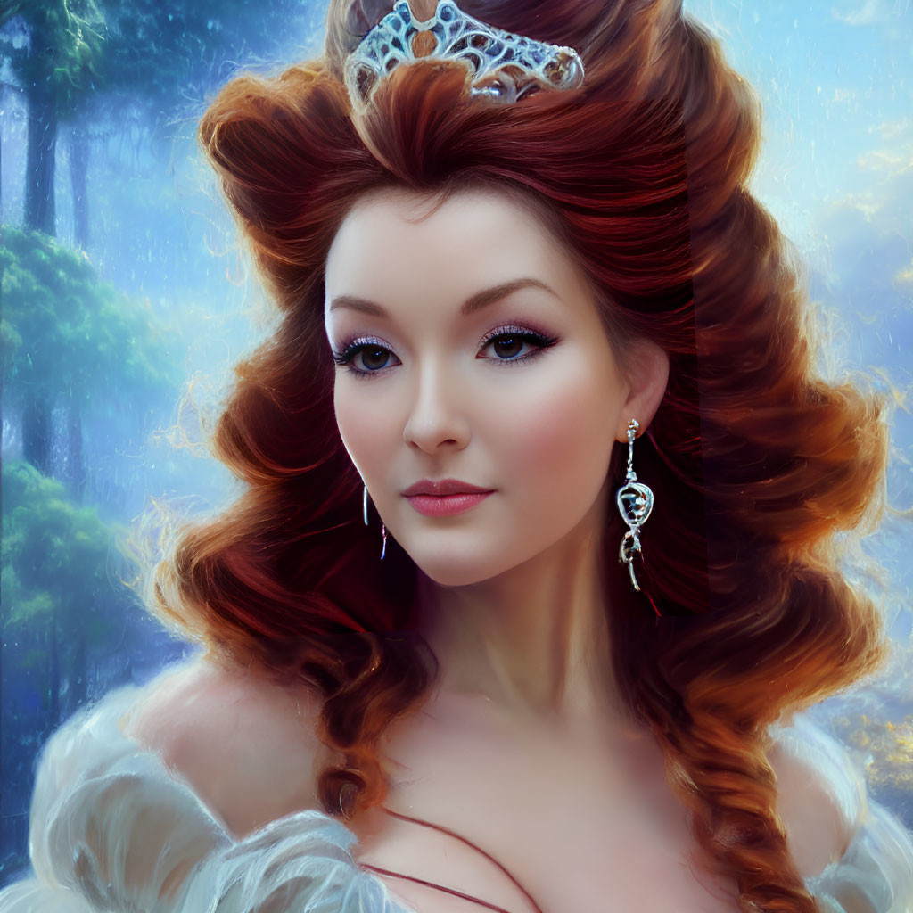 Regal woman with auburn hair and tiara in forest setting