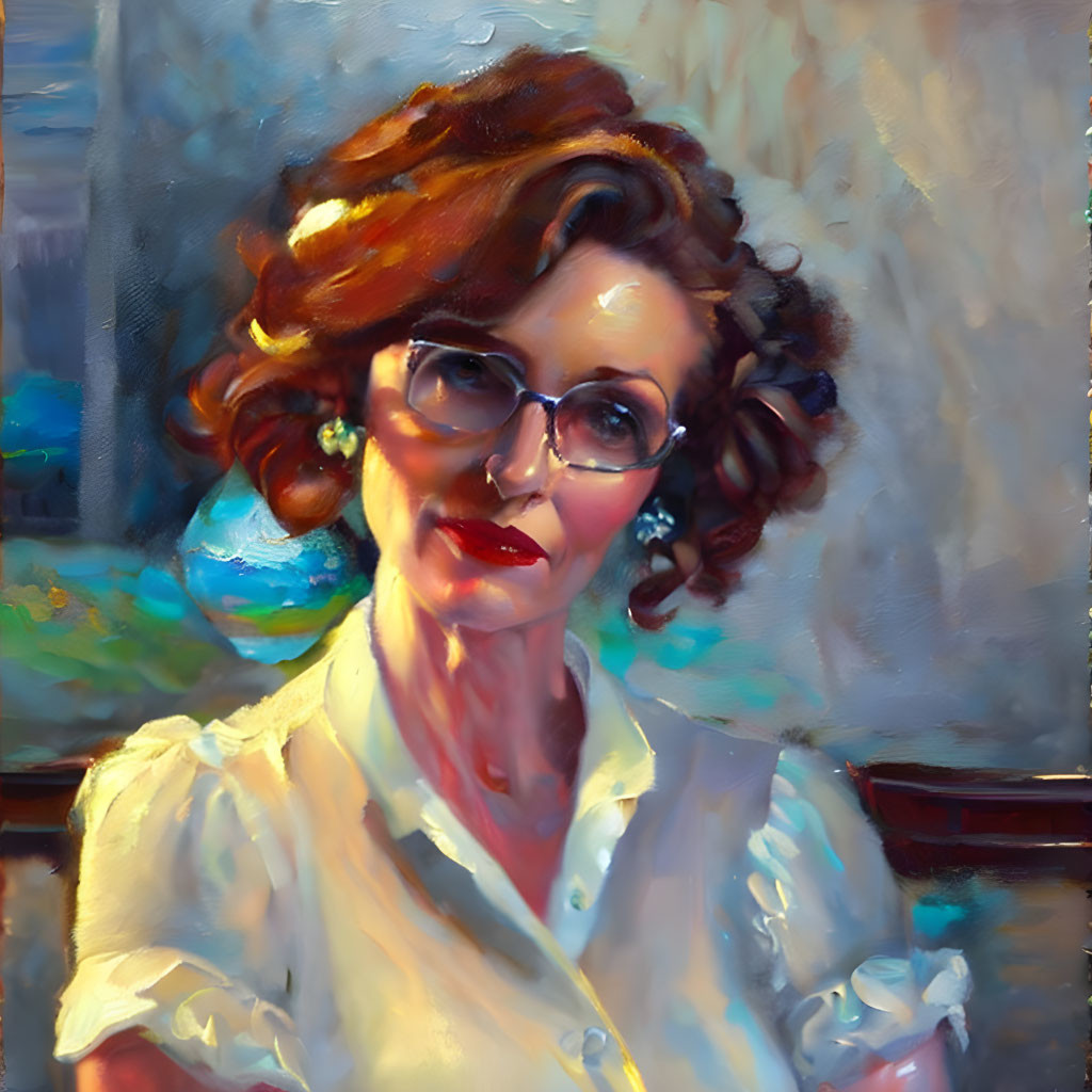 Portrait of woman with curly hair and glasses in white blouse, against soft background