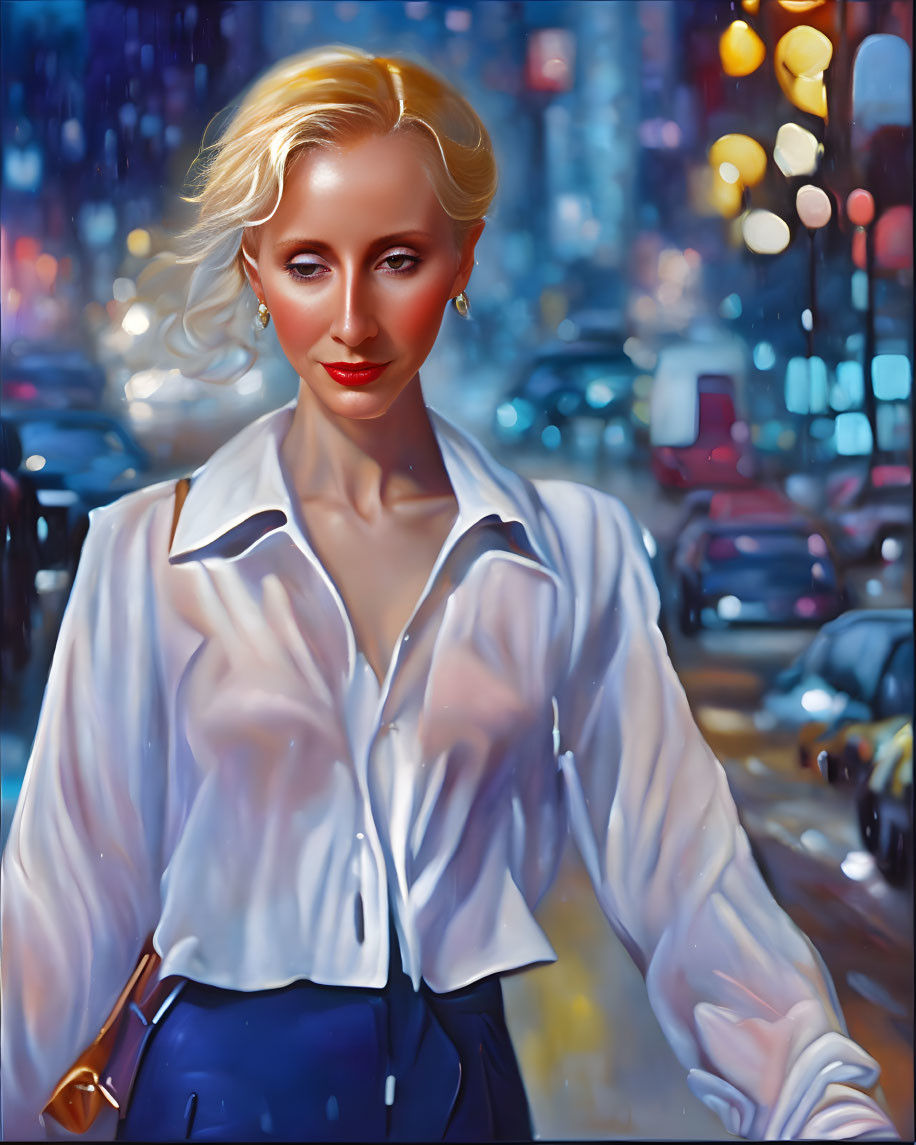 Blonde Woman in White Shirt with Blurred City Lights and Cars