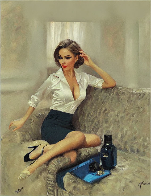 Stylized painting of a woman on a couch in white blouse and black skirt