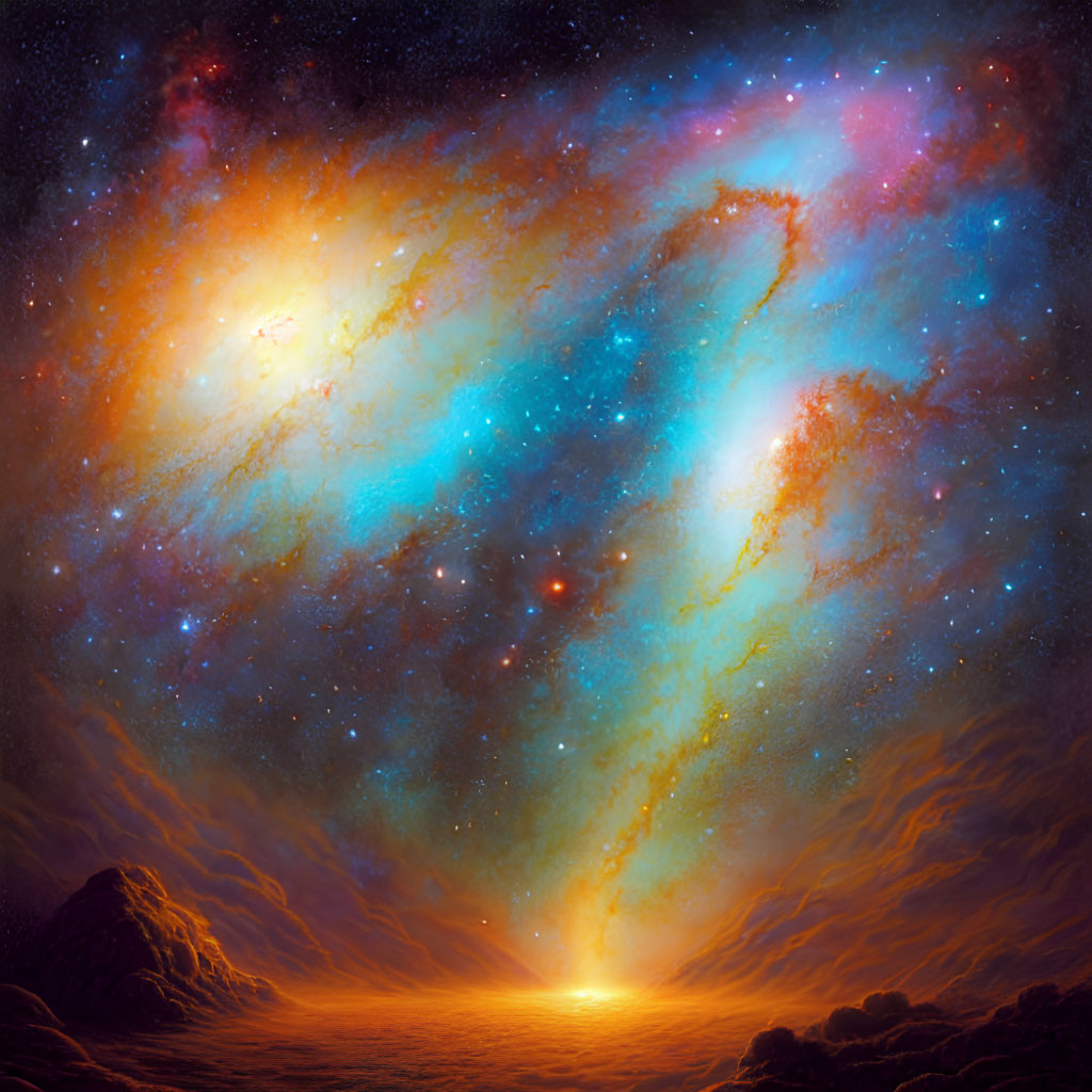 Colorful cosmic scene: radiant star, rocky terrain, vibrant nebula.