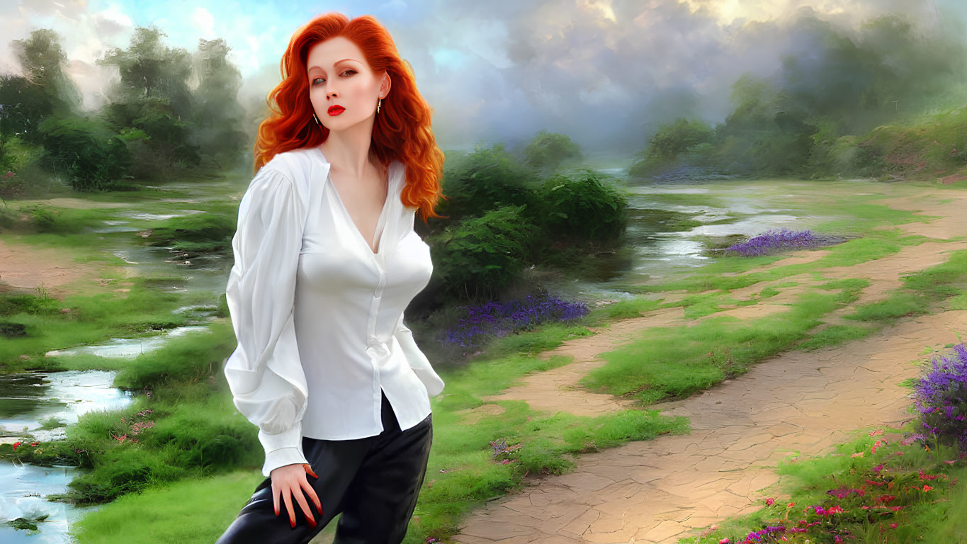 Red-haired woman in white blouse by blooming flowers and misty forest
