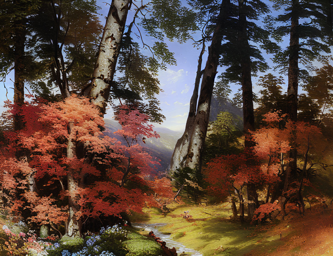 Vibrant autumn forest with sunlight, meadow, and mountains
