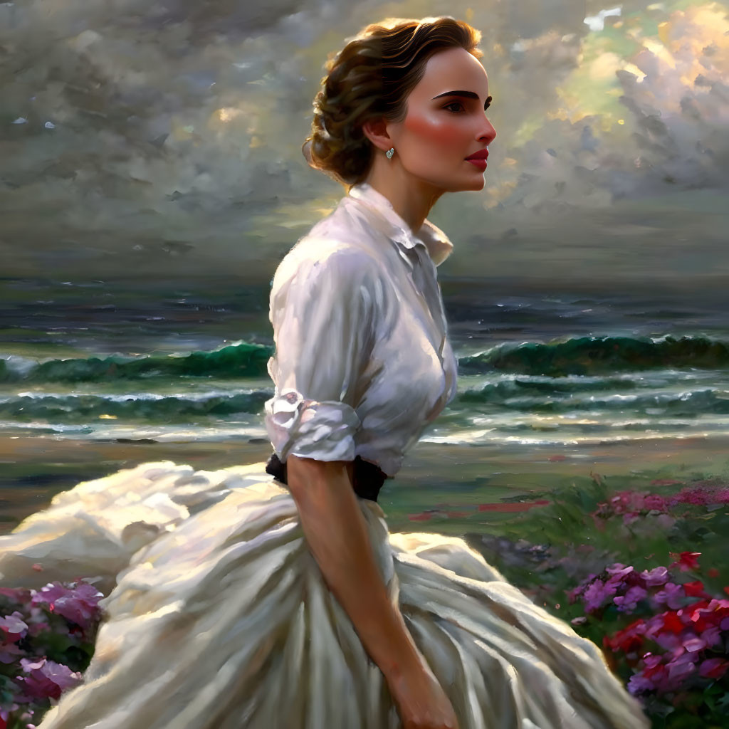 Woman in White Blouse Standing by Sea Surrounded by Flowers