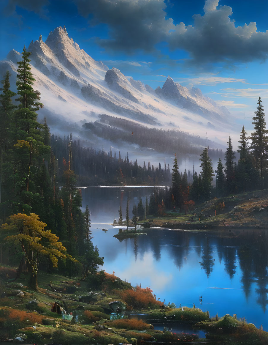 Tranquil Lake Scene with Pine Trees and Foggy Mountains