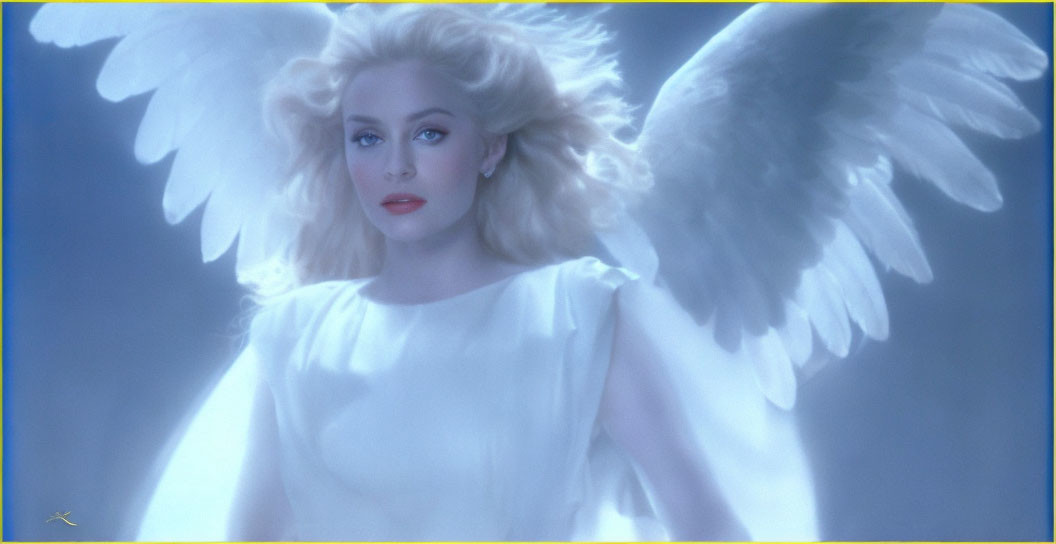 Blonde angel with white wings in soft blue glow