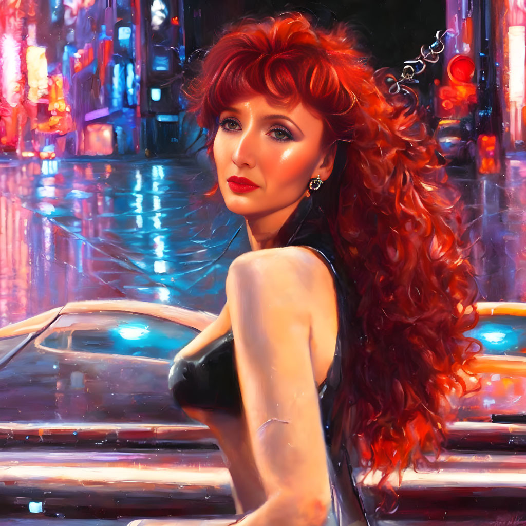 Curly Red-Haired Woman in Black Dress on Neon-Lit City Street