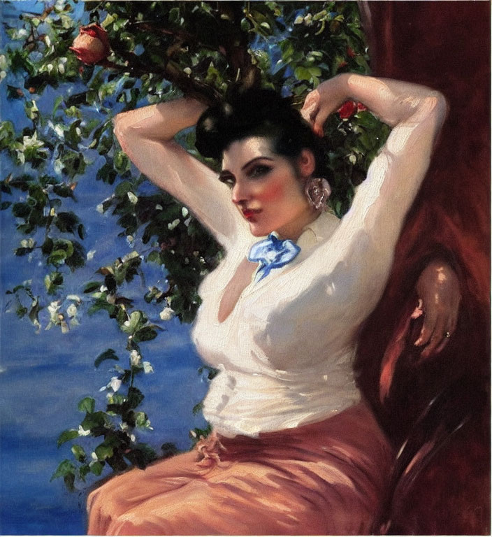 Woman reclining against tree with white flowers and red fruit, wearing white blouse and tan skirt.