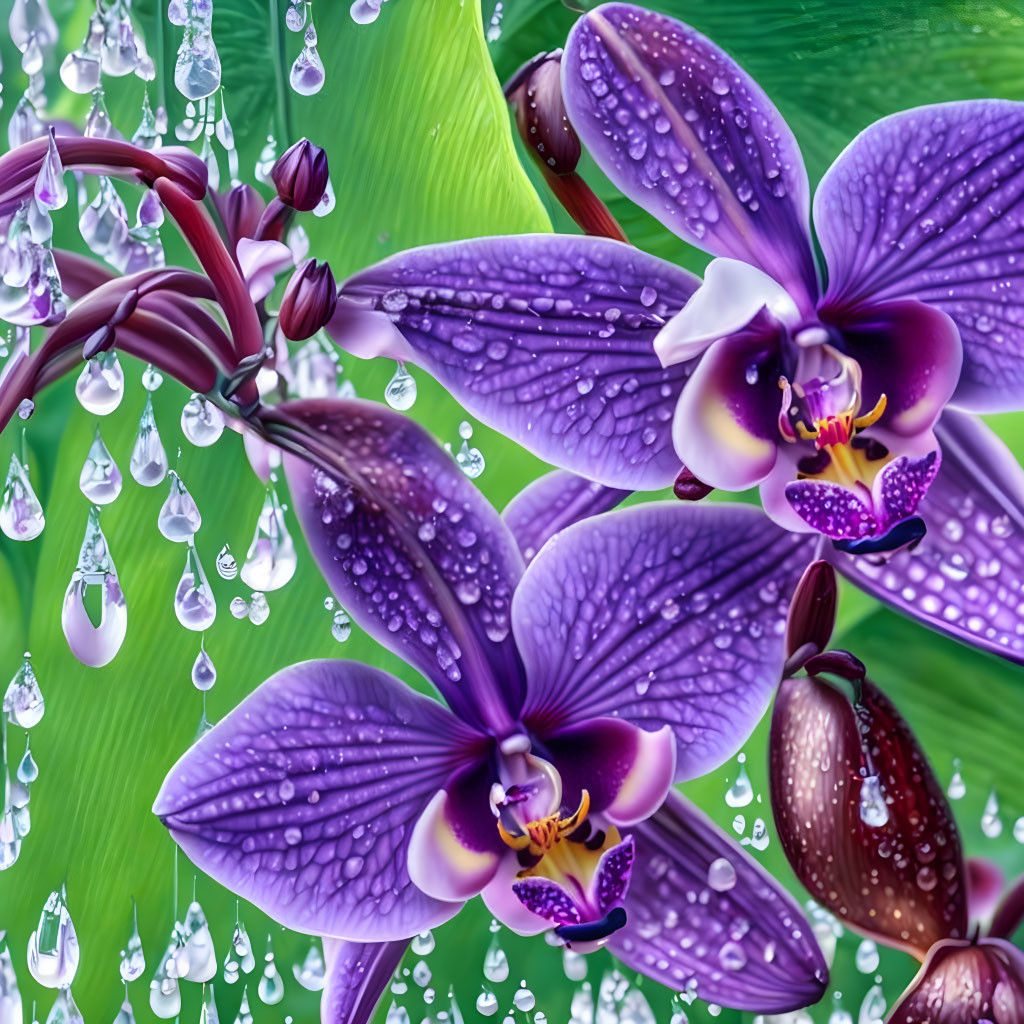Vibrant purple orchids with water droplets on petals against green leaves