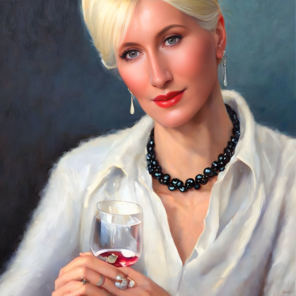 Blonde Woman in White Blouse with Black Pearl Necklace Holding Red Wine Glass