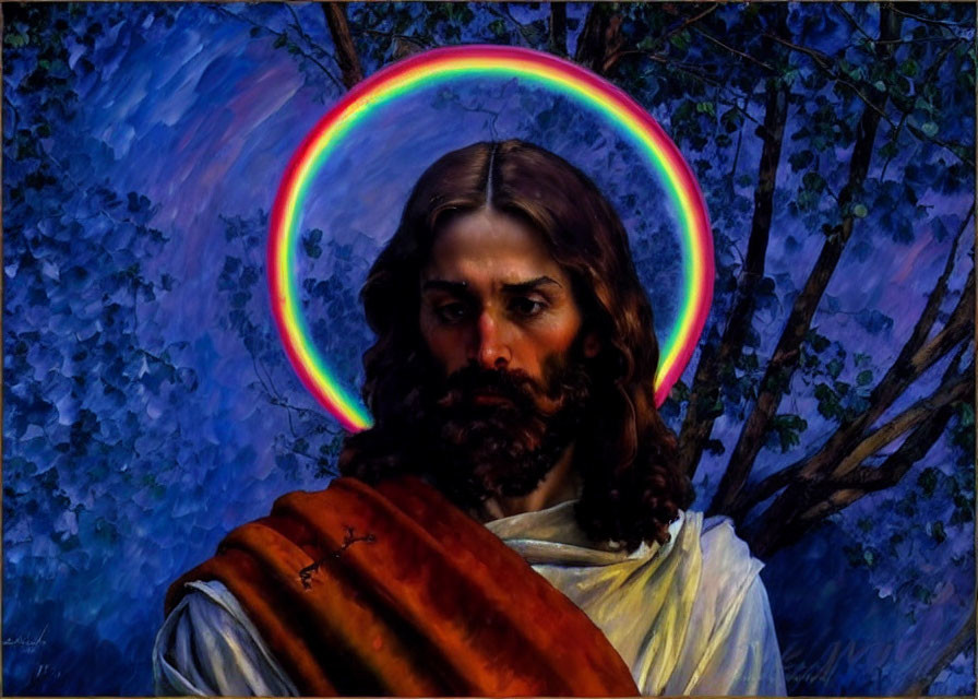 Bearded man in robe with rainbow halo against dark backdrop