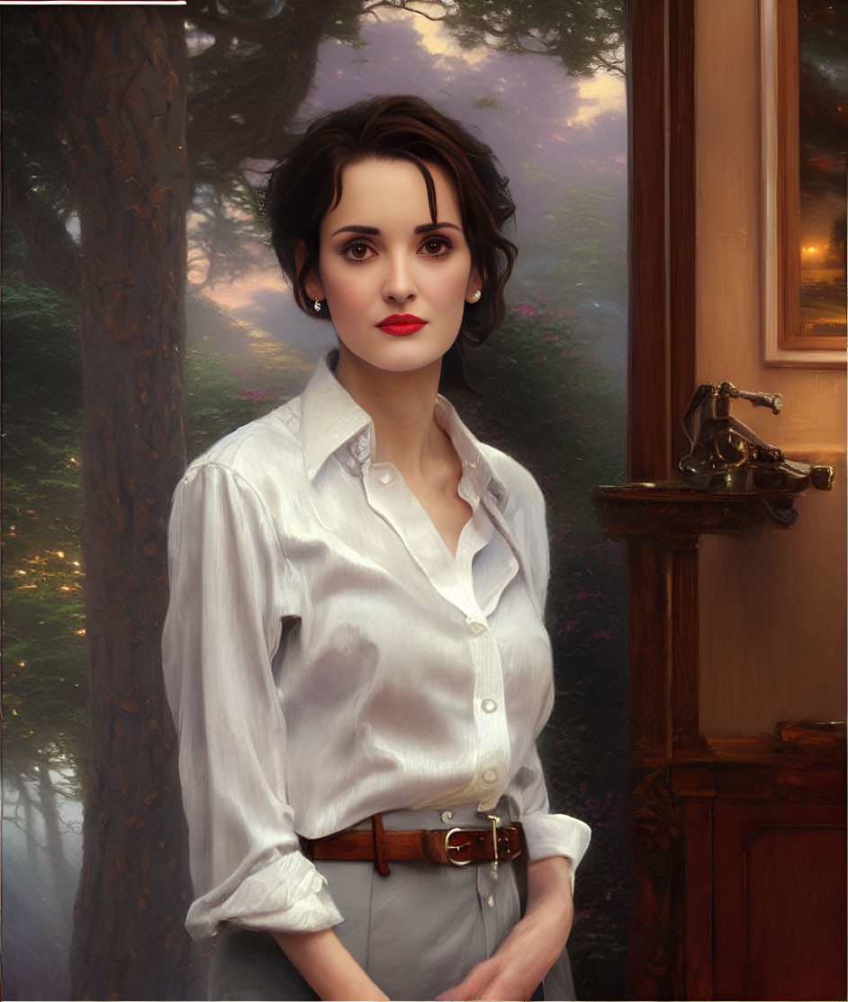 Digital painting of woman with short dark hair in white blouse by misty forest window